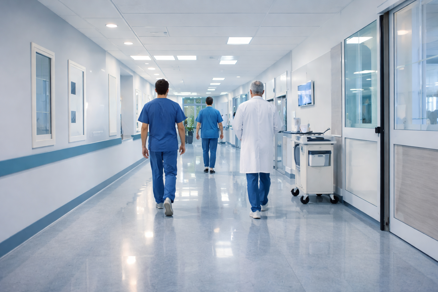 Robotai verslui – patalpų valymo, vejos ir baseinų robotai Ligoninės koridorius su aukštais higienos standartais