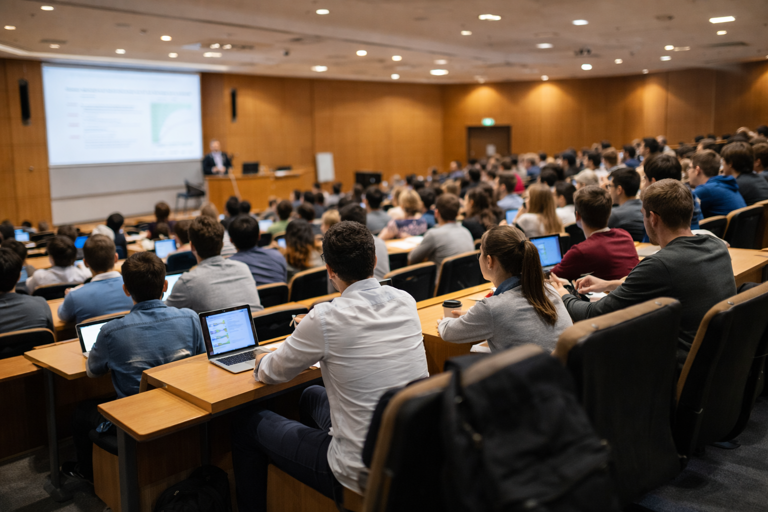 Robotai verslui – patalpų valymo, vejos ir baseinų robotai Universiteto auditorija su studentais