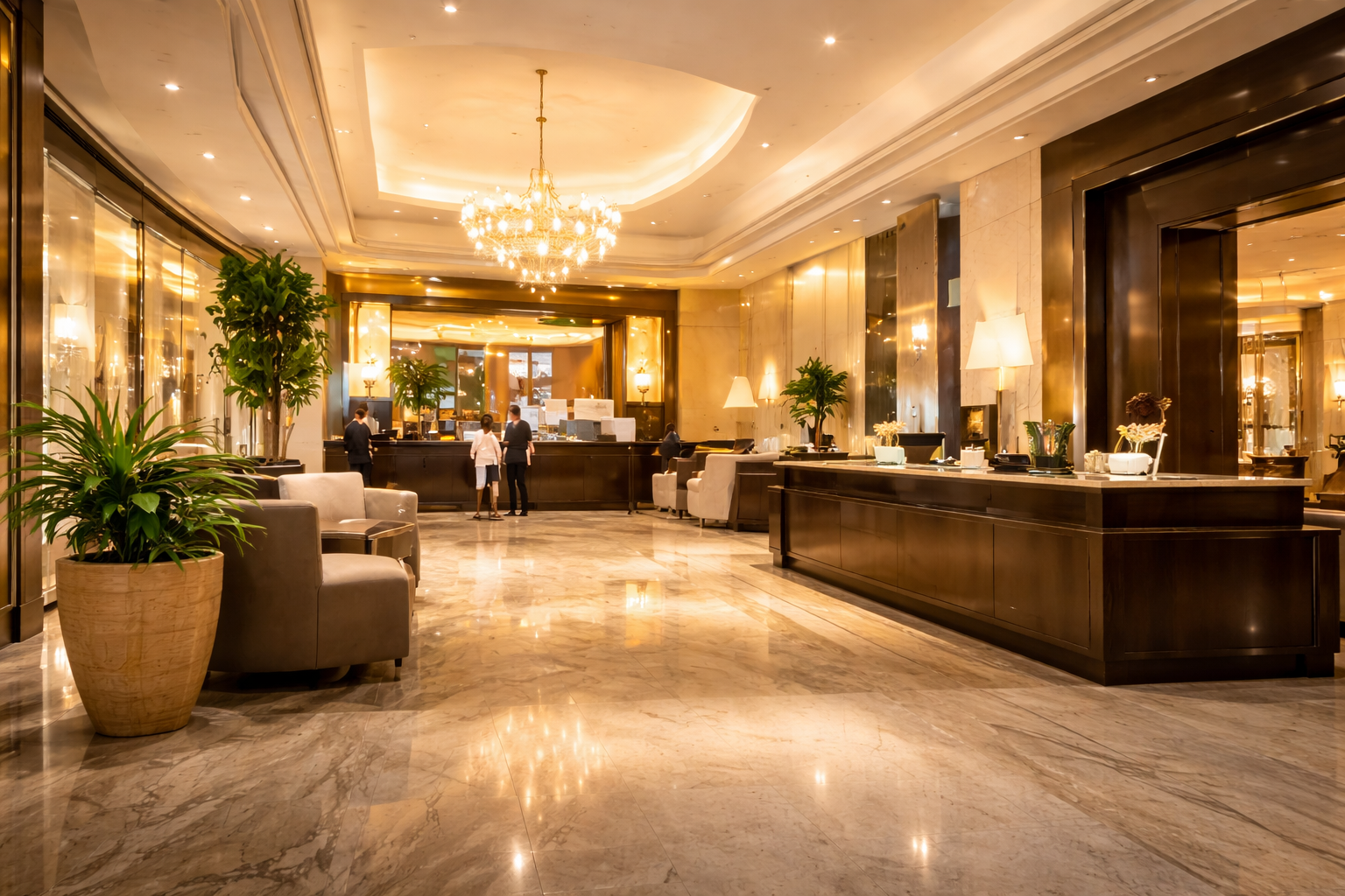 Robotai verslui – patalpų valymo, vejos ir baseinų robotai Viešbučio interjeras su švariomis bendromis erdvėmis