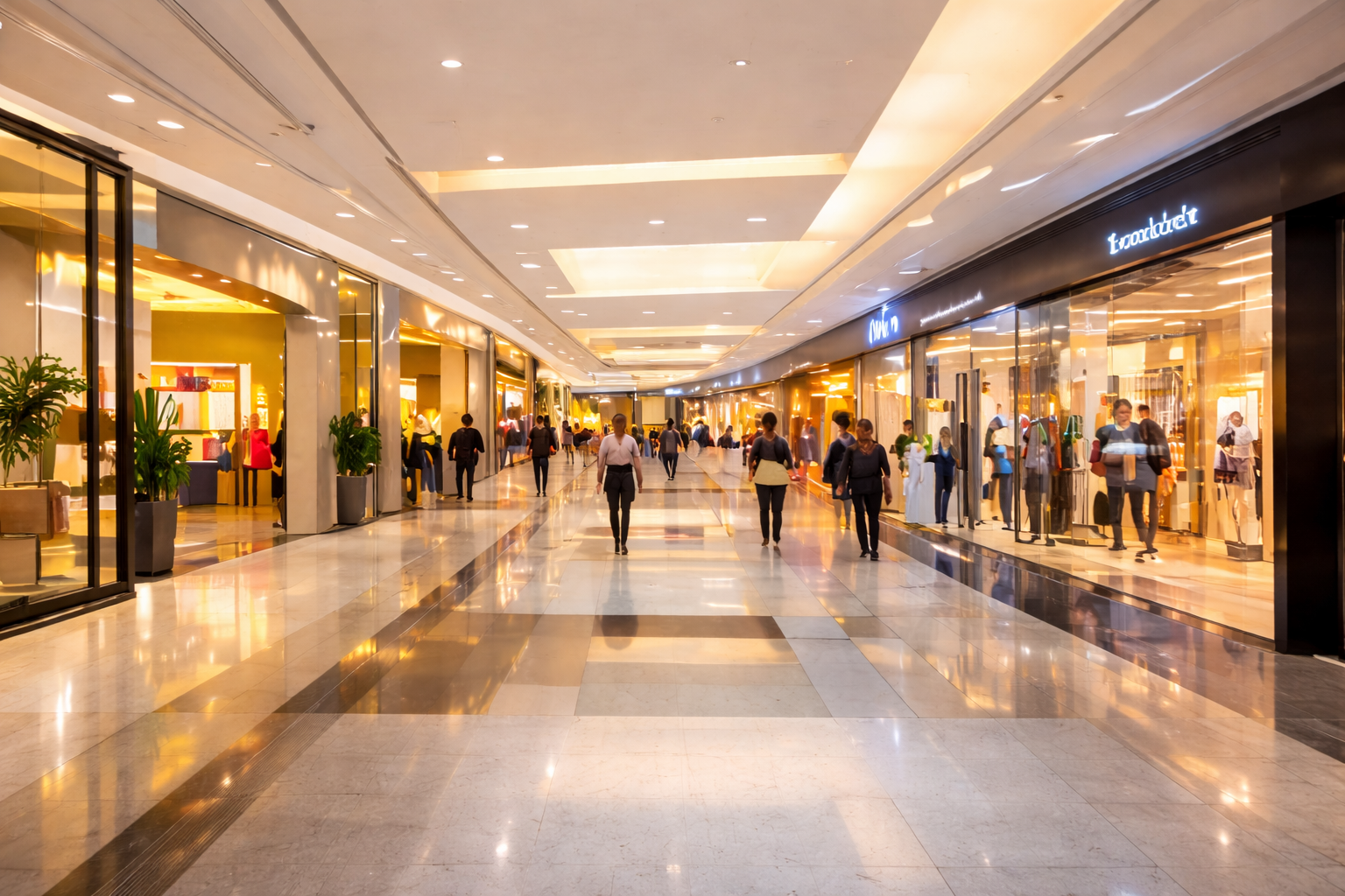 Robotai verslui – patalpų valymo, vejos ir baseinų robotai Prekybos centras su didelėmis valomomis grindų erdvėmis