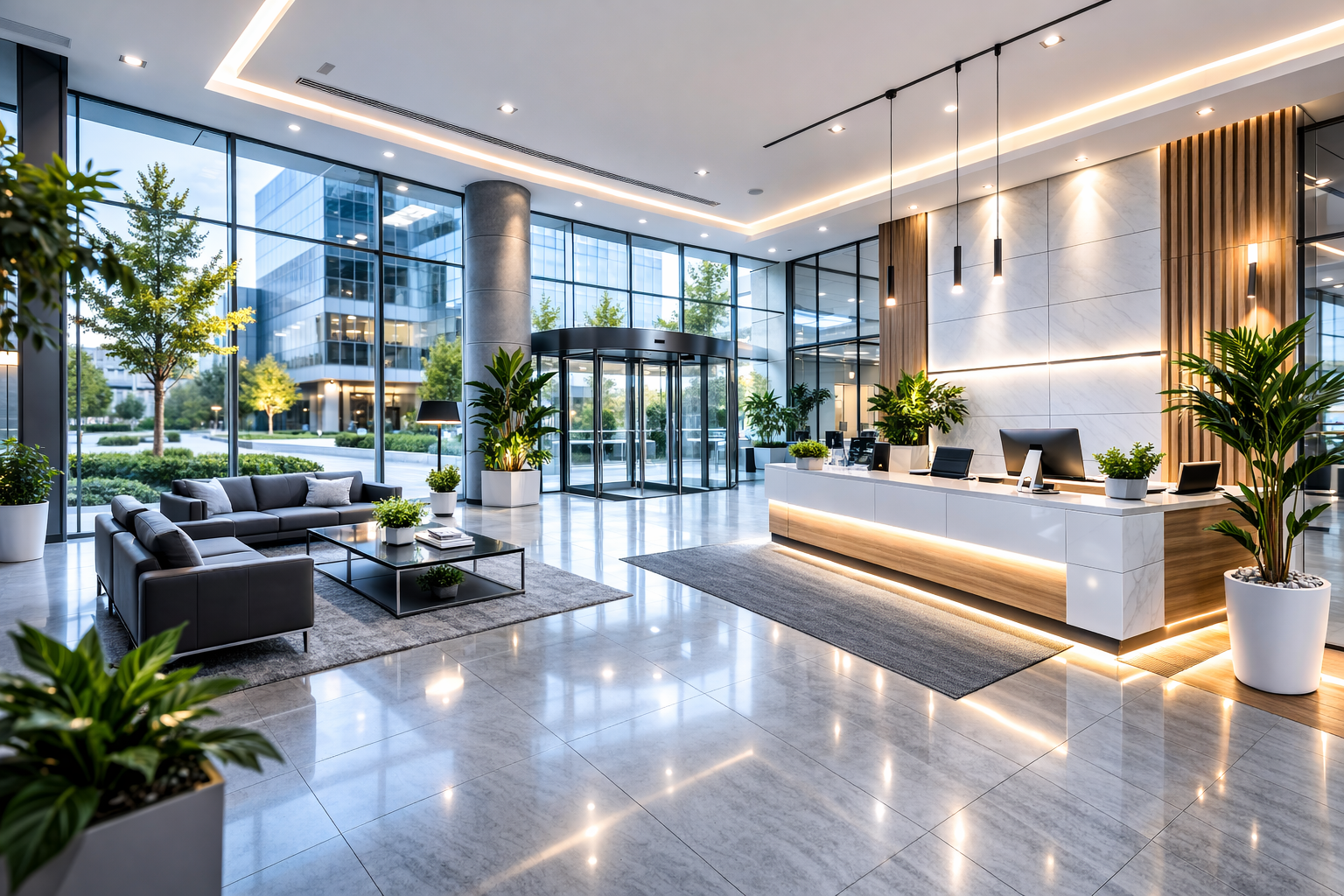 Robotai verslui – patalpų valymo, vejos ir baseinų robotai Verslo centro interjeras su švariomis grindimis